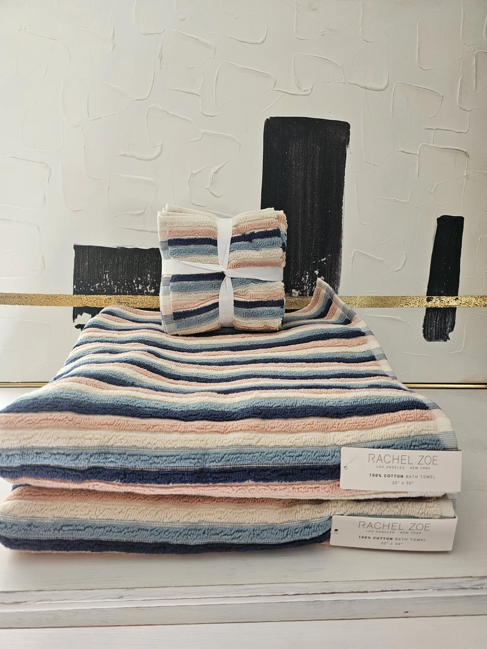 Rachel Zoe Striped Cotton Bath Towels - Blue, Pink, Cream Pastel 6 Pc Set